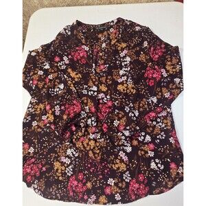 Adrianna Papell Womens Long Sleeve Floral Bouse Top V-Neck Size Large Coastal